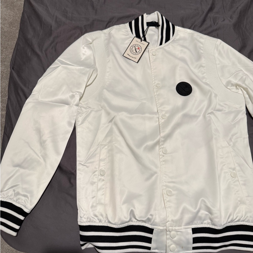 Classic White Bomber Jacket with Black Stripes